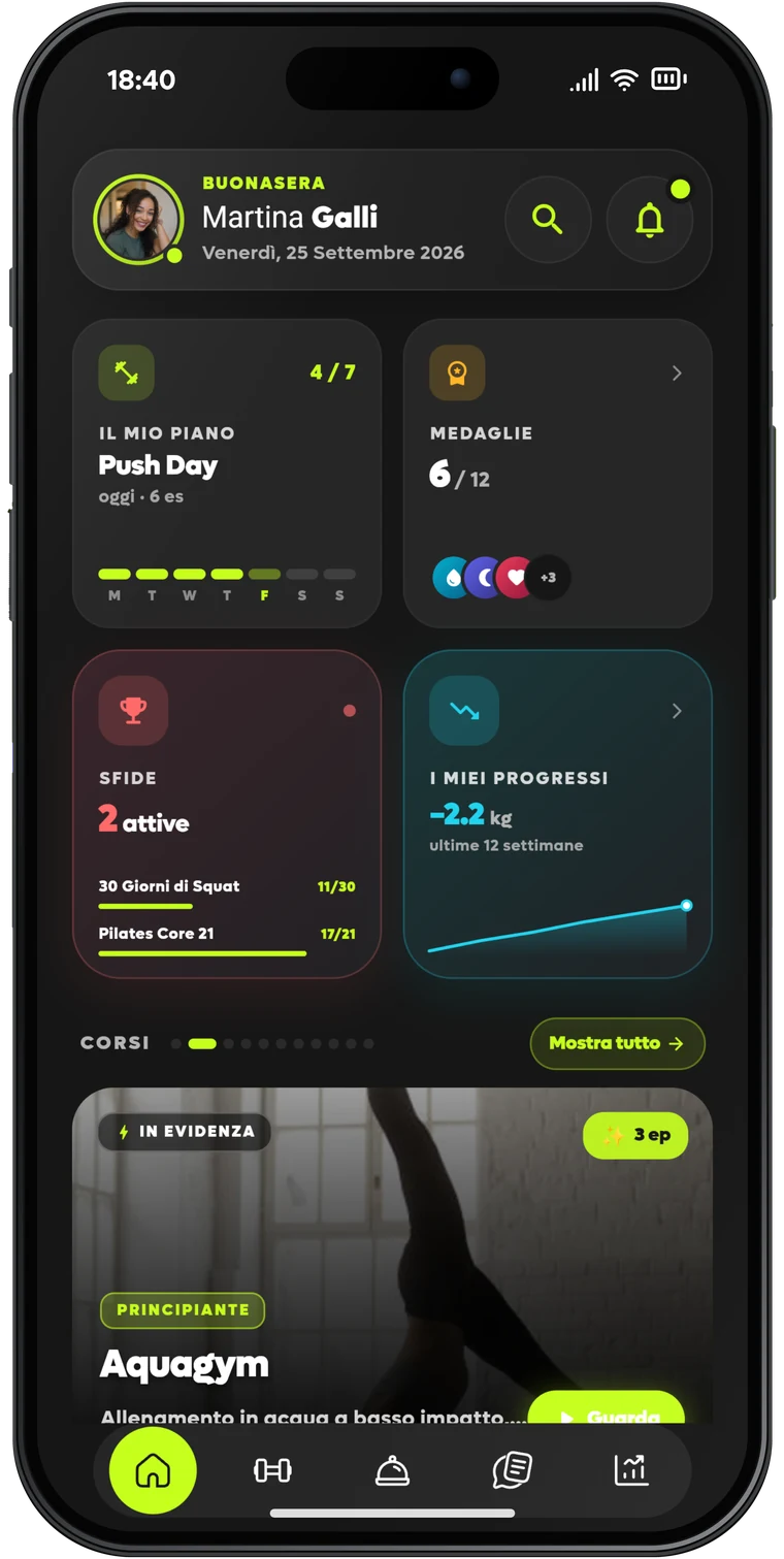 App Kayan del membro: home con piano, medaglie e progressi